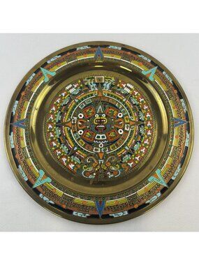 Vintage Aztec Calendar Brass Plate 11-inxh Colorful Enamel Mayan Wall Hanging
